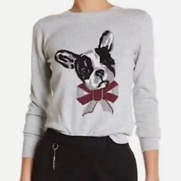 Ted Baker London Grey French Bulldog Bow Knit Crewneck Sweater Women Size 4 - Picture 1 of 7